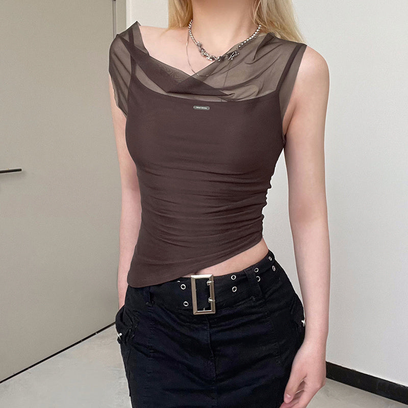 Excelux Women’s Sheer Mesh Slim-Fit Top – Brown Elegant Casual Tee (S–L | AU 6–10)