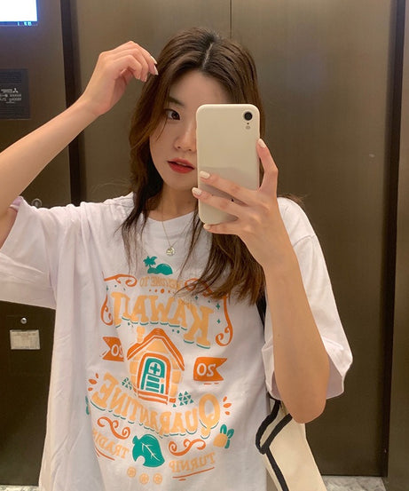 Cotton Contrast Letter Printing Short Sleeve T Shirt Womens Spring/Summer New Bf Style Loose Slim Student Top Fashion