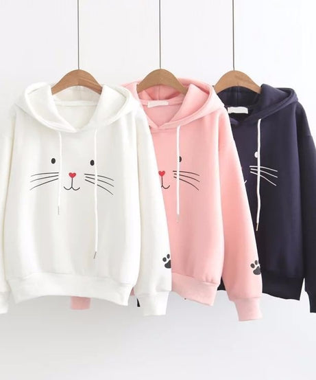 Cute Cat Face Hoodie with Paw Print Sleeves – Cozy Pullover Sweatshirt for Women