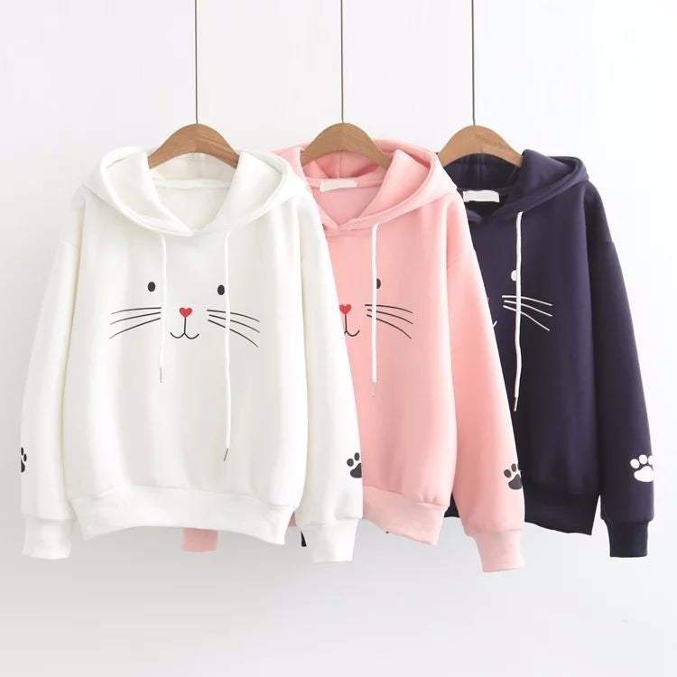 Cute Cat Face Hoodie with Paw Print Sleeves – Cozy Pullover Sweatshirt for Women