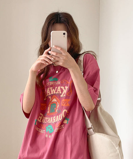 Cotton Contrast Letter Printing Short Sleeve T Shirt Womens Spring/Summer New Bf Style Loose Slim Student Top Fashion