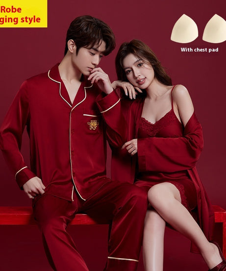 Luxury Satin Couple Pajama Set – 4-Piece Valentine's Sleepwear with Chest Pads (Wine Red) - ExceLux.