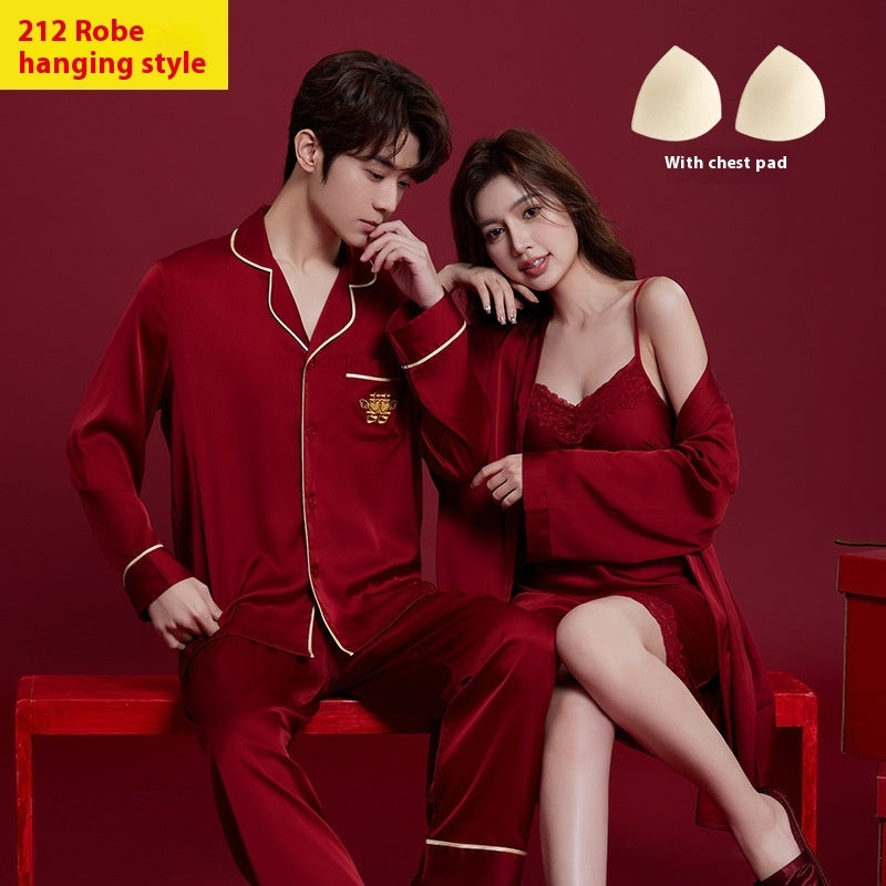 Luxury Satin Couple Pajama Set – 4-Piece Valentine's Sleepwear with Chest Pads (Wine Red) - ExceLux.