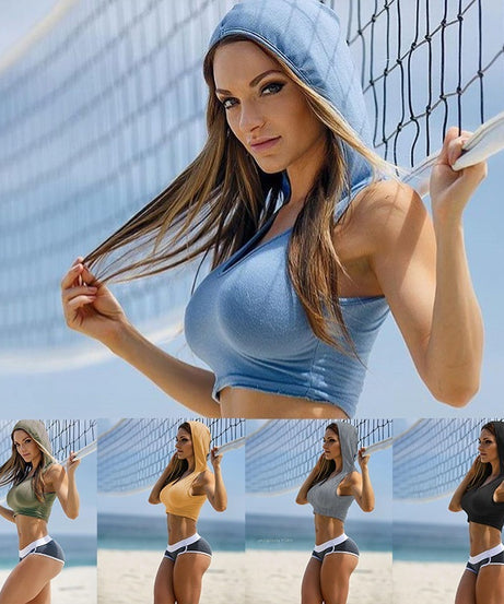 Women’s Sleeveless Hooded Crop Top – Sporty Ribbed Tank for Fitness, Beach, or Casual Wear
