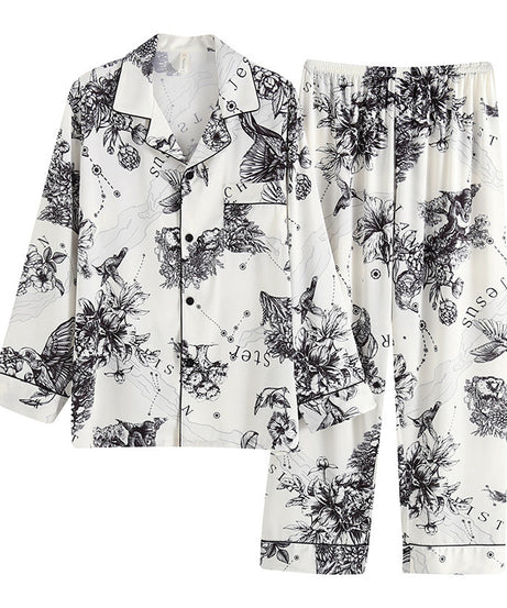 Elegant Printed Couple Pajamas Set - Long Sleeve Button-Down Sleepwear