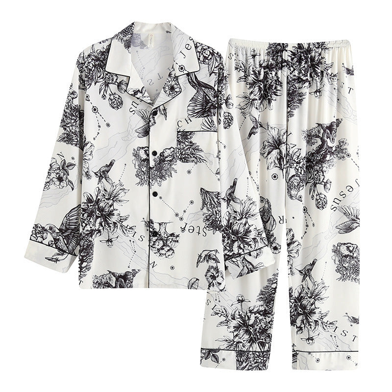 Elegant Printed Couple Pajamas Set - Long Sleeve Button-Down Sleepwear