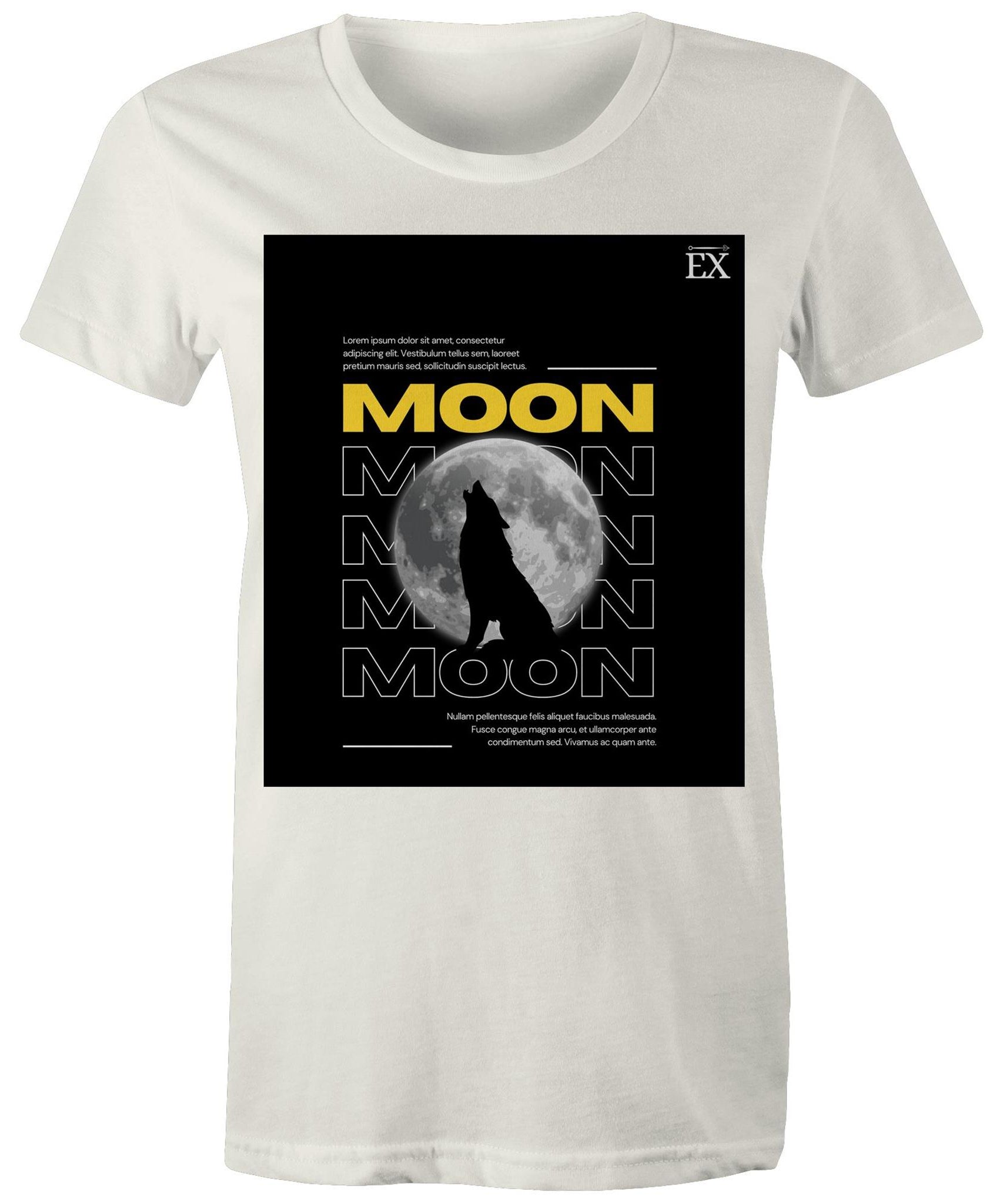 "MOON Howl" Full Moon Graphic T-Shirt – ExceLux Cosmic Series | Women's Maple Tee