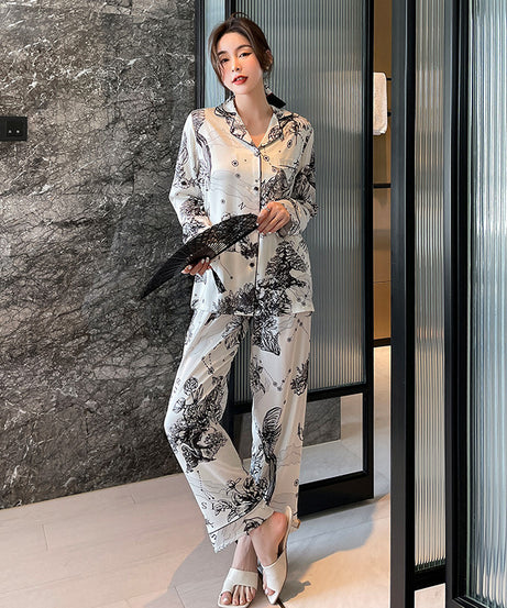 Elegant Printed Couple Pajamas Set - Long Sleeve Button-Down Sleepwear