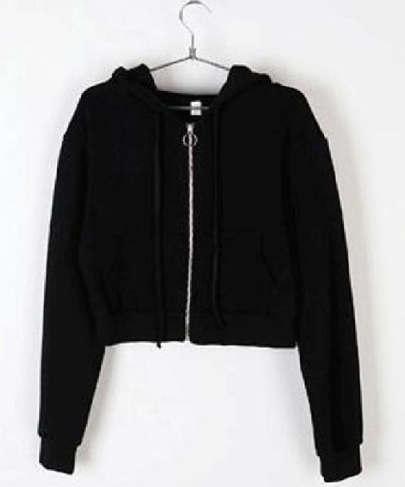 Cropped Zip-Up Hoodie – Drawstring Waist, Casual Streetwear Style (Black, White, Grey)