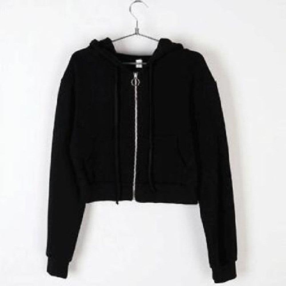Cropped Zip-Up Hoodie – Drawstring Waist, Casual Streetwear Style (Black, White, Grey)