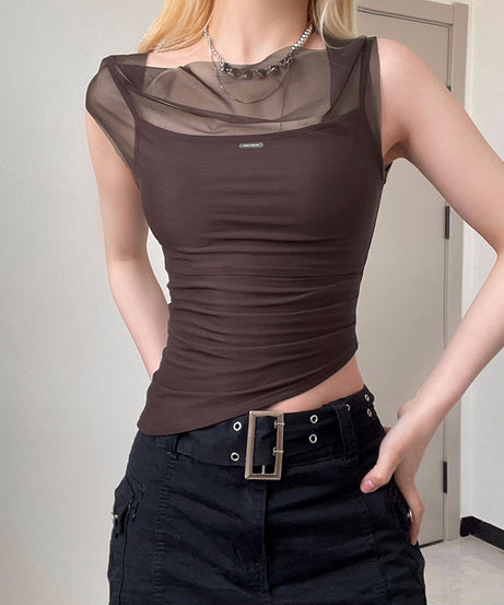 Excelux Women’s Sheer Mesh Slim-Fit Top – Brown Elegant Casual Tee (S–L | AU 6–10)