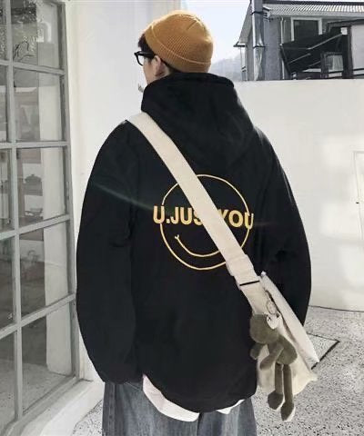 “U JUST YOU” Oversized Unisex Hoodie – Soft Fleece Streetwear with Smiley Graphic