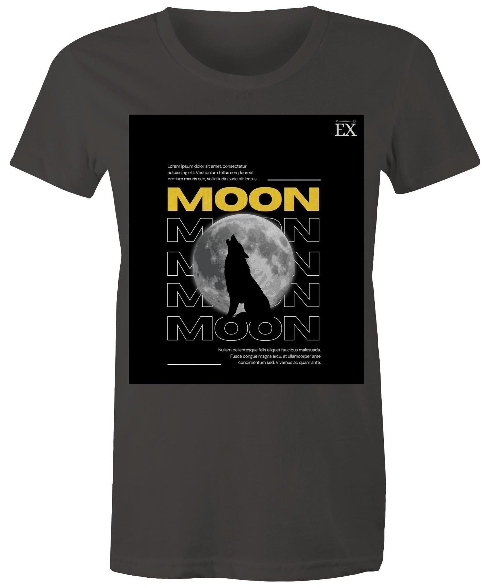 "MOON Howl" Full Moon Graphic T-Shirt – ExceLux Cosmic Series | Women's Maple Tee