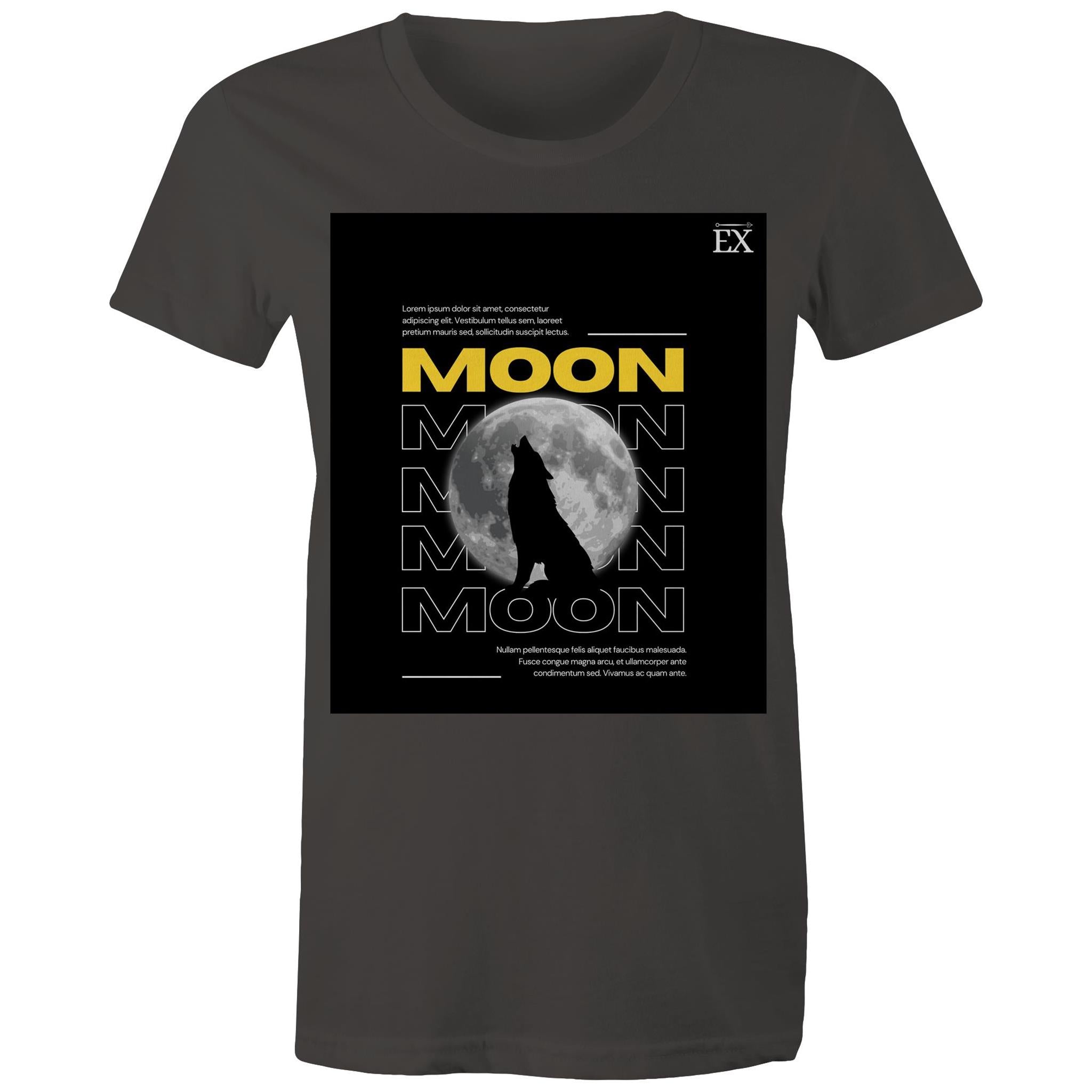 "MOON Howl" Full Moon Graphic T-Shirt – ExceLux Cosmic Series | Women's Maple Tee