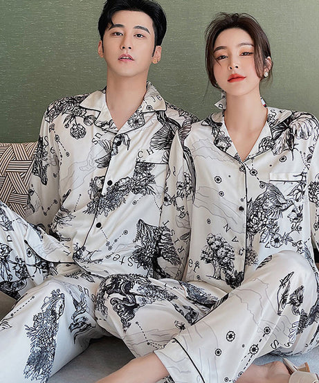 Elegant Printed Couple Pajamas Set - Long Sleeve Button-Down Sleepwear