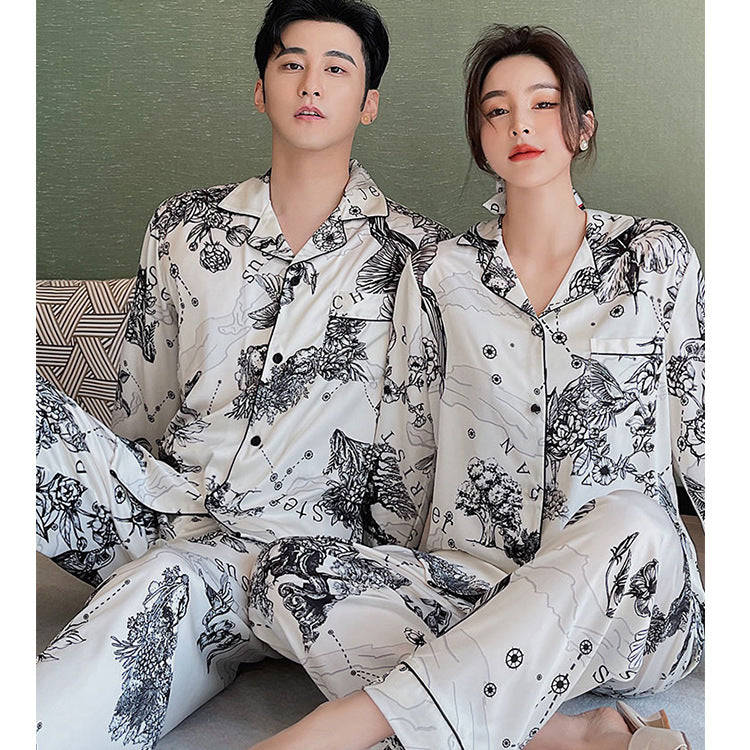 Elegant Printed Couple Pajamas Set - Long Sleeve Button-Down Sleepwear