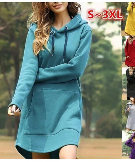 Casual Hooded Sweater Dress with Pockets – Soft Long Sleeve Pullover Dress