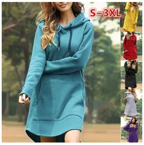 Casual Hooded Sweater Dress with Pockets – Soft Long Sleeve Pullover Dress