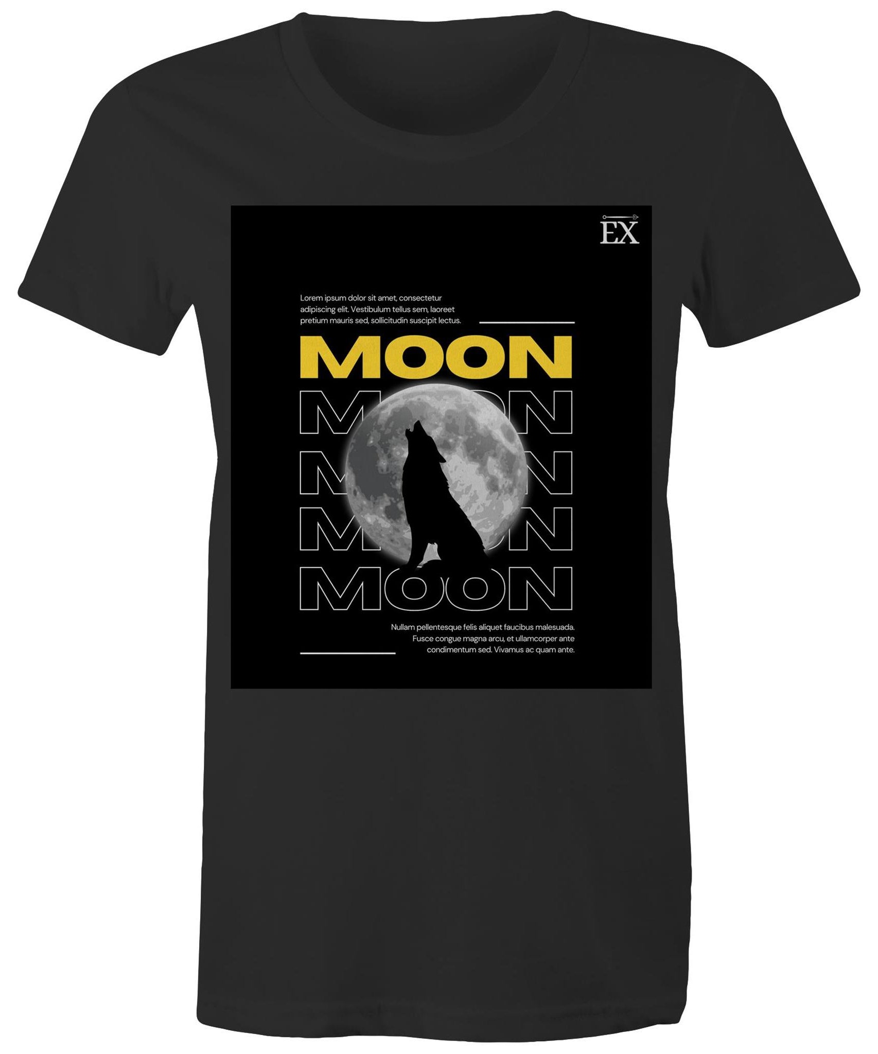 "MOON Howl" Full Moon Graphic T-Shirt – ExceLux Cosmic Series | Women's Maple Tee