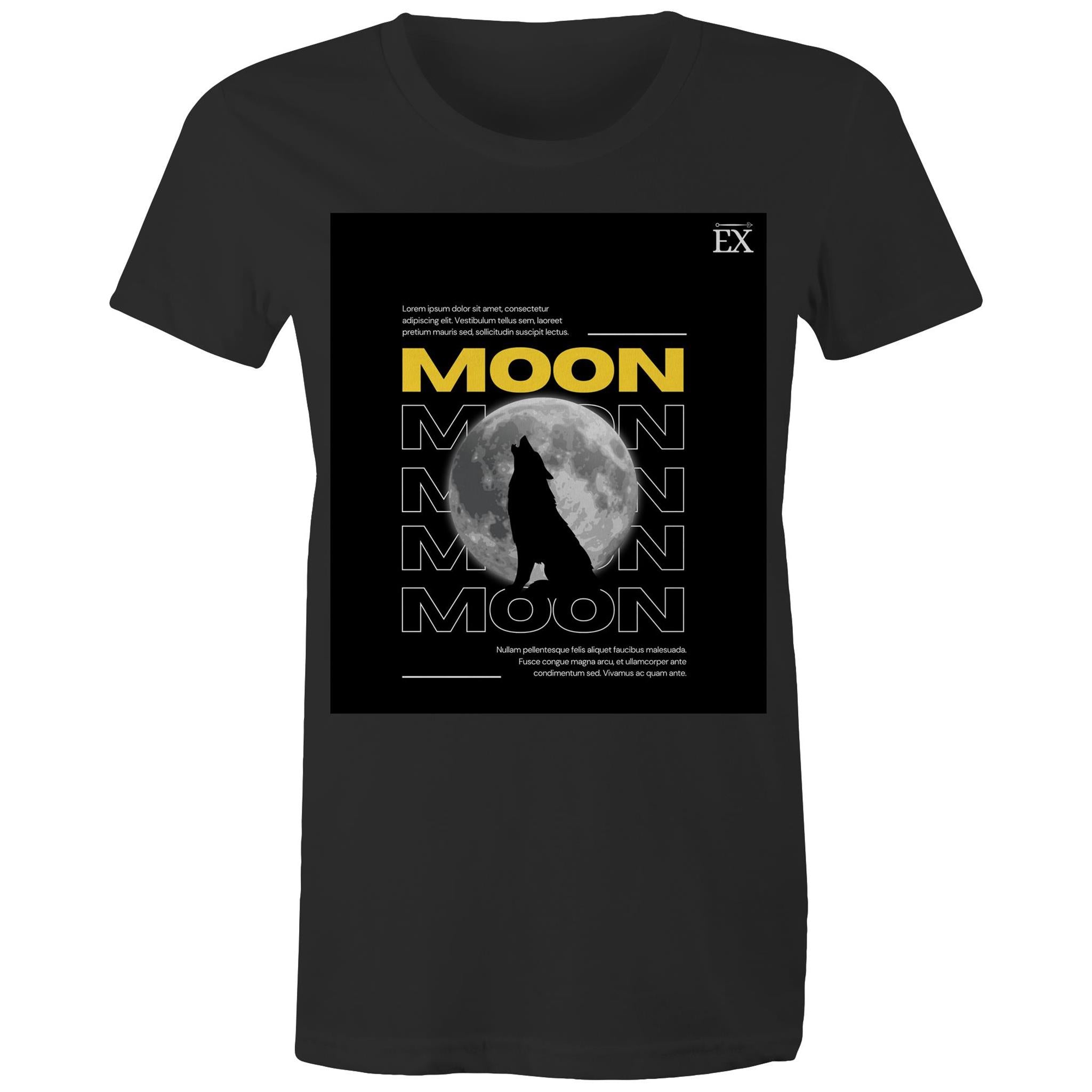"MOON Howl" Full Moon Graphic T-Shirt – ExceLux Cosmic Series | Women's Maple Tee