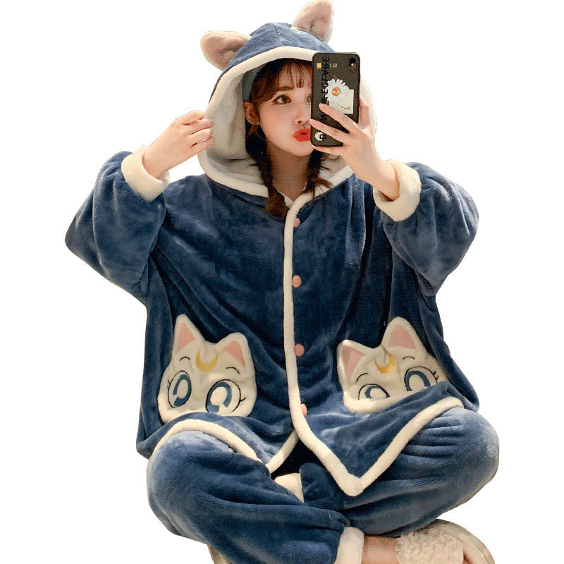 Women Winter Cartoon Thick Flannel Home Pajamas