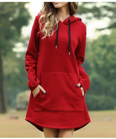 Casual Hooded Sweater Dress with Pockets – Soft Long Sleeve Pullover Dress