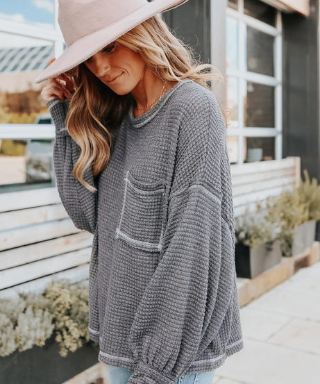 Waffle Knit Casual Women’s Top – Fabric Close-Up