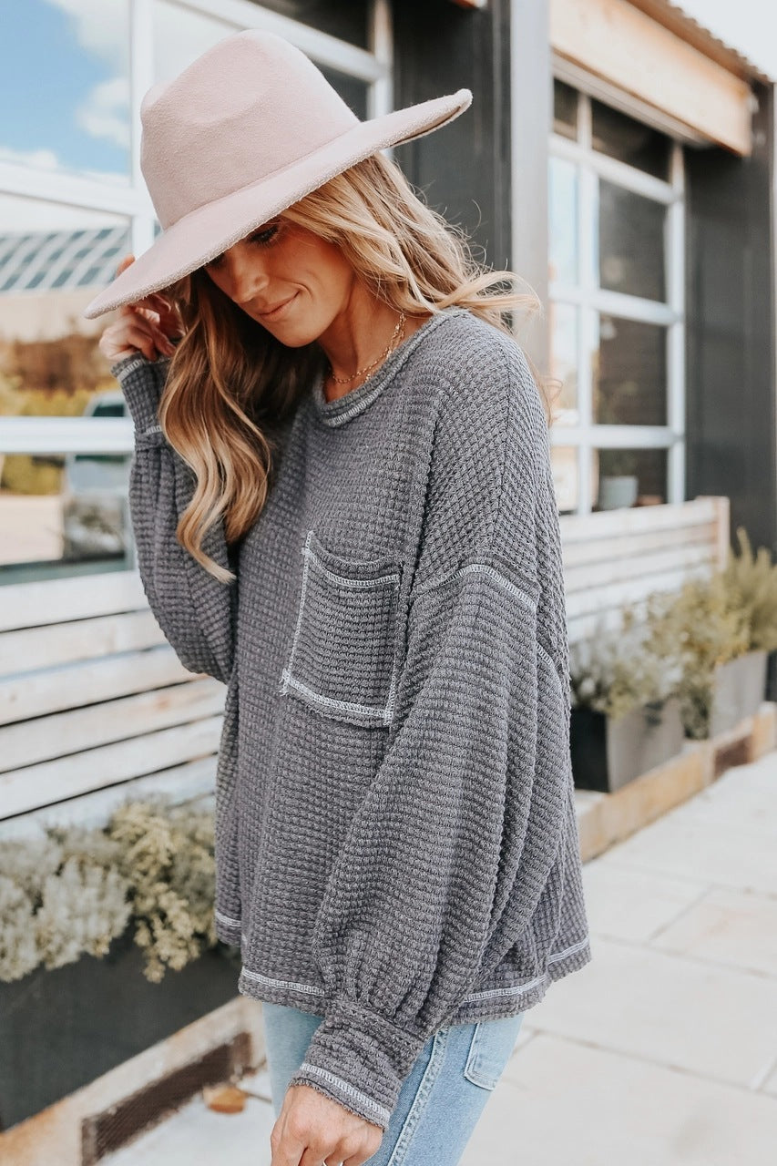 Waffle Knit Casual Women’s Top – Fabric Close-Up