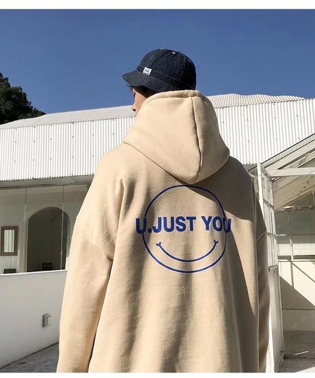 “U JUST YOU” Oversized Unisex Hoodie – Soft Fleece Streetwear with Smiley Graphic