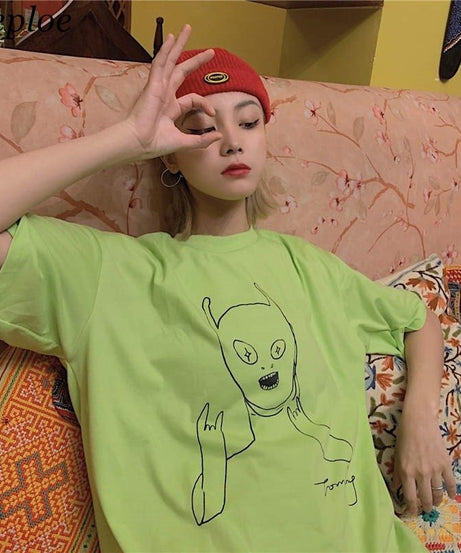 Oversized Cartoon Alien Graphic T-Shirt – Y2K Streetwear Tee for Women - ExceLux.