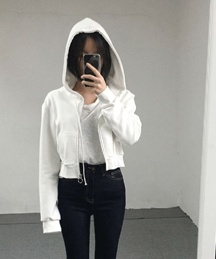 Cropped Zip-Up Hoodie – Drawstring Waist, Casual Streetwear Style (Black, White, Grey)