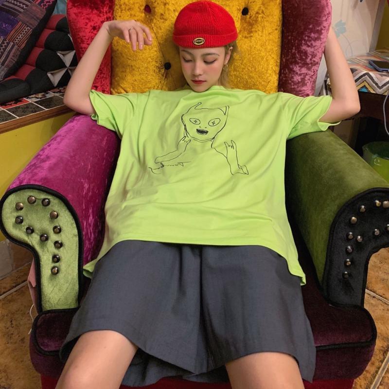 Oversized Cartoon Alien Graphic T-Shirt – Y2K Streetwear Tee for Women - ExceLux.