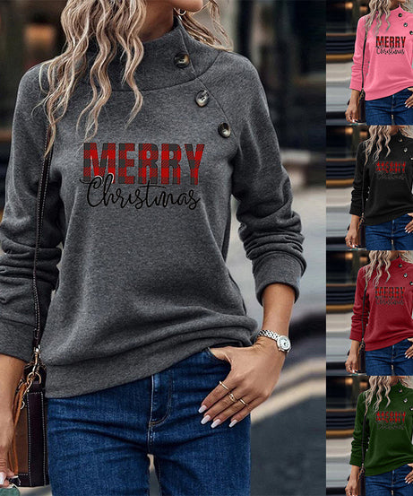 Printed Turtleneck Christmas Letter Loose Sweatshirt Women