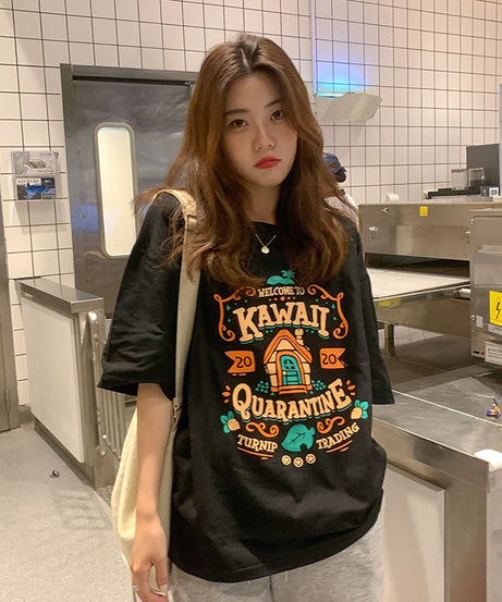 Cotton Contrast Letter Printing Short Sleeve T Shirt Womens Spring/Summer New Bf Style Loose Slim Student Top Fashion