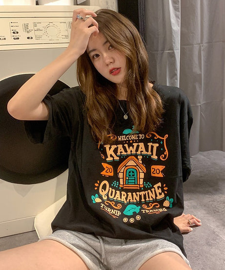 Cotton Contrast Letter Printing Short Sleeve T Shirt Womens Spring/Summer New Bf Style Loose Slim Student Top Fashion