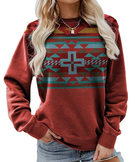 Women Pullover Sweatshirt Long Sleeve Print Crew Neck Sweatshirt - ExceLux.