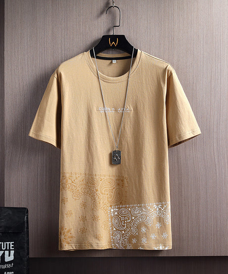 Men’s Patchwork Paisley Print T-Shirt – Streetwear Graphic Tee with Bandana Hem - ExceLux.