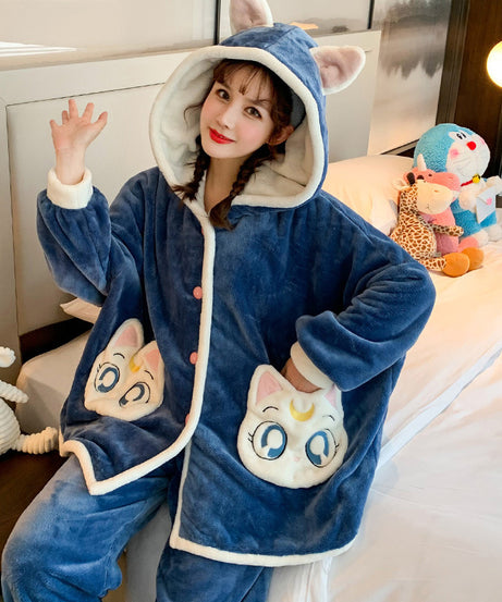 Women Winter Cartoon Thick Flannel Home Pajamas