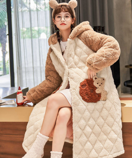Kawaii Winter Bear Hooded Pajama Coat – Ultra Plush Quilted Fleece Robe - ExceLux.
