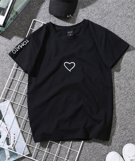 Summer Couples Lovers T-Shirt For Women Casual White Tops Tshirt Women T Shirt Love Heart Embroidery Print T-Shirt Female