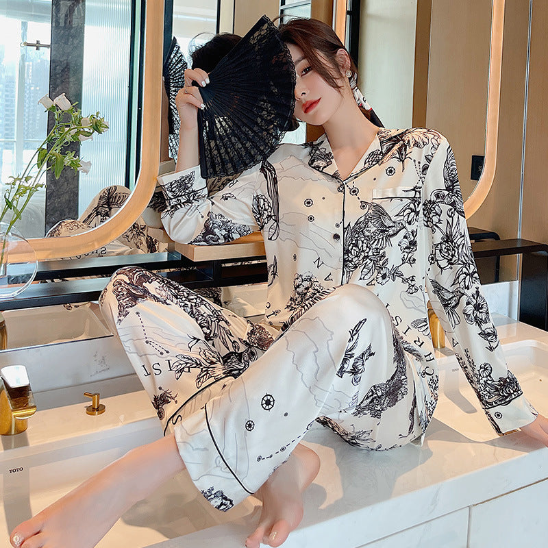 Elegant Printed Couple Pajamas Set - Long Sleeve Button-Down Sleepwear