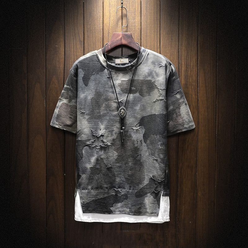 Men’s Urban Camo Print T-Shirt – Distressed Streetwear Graphic Tee - ExceLux.