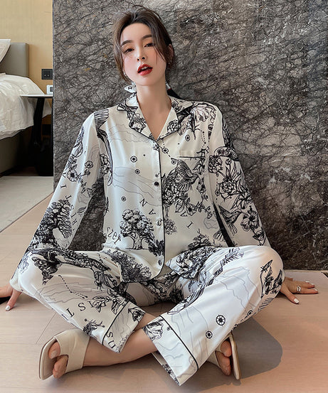 Elegant Printed Couple Pajamas Set - Long Sleeve Button-Down Sleepwear
