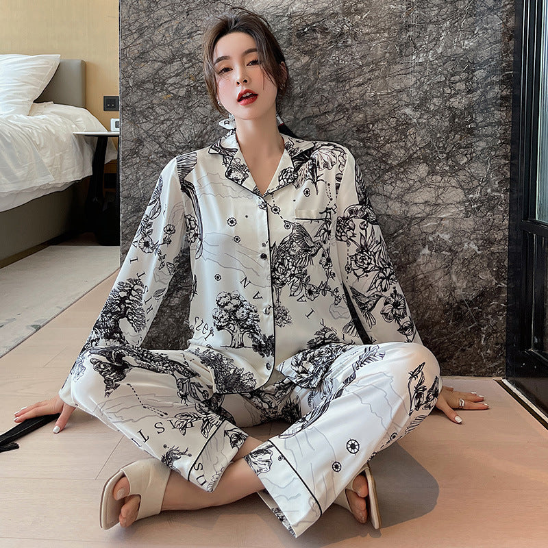 Elegant Printed Couple Pajamas Set - Long Sleeve Button-Down Sleepwear