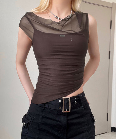 Excelux Women’s Sheer Mesh Slim-Fit Top – Brown Elegant Casual Tee (S–L | AU 6–10)