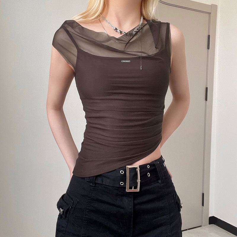 Excelux Women’s Sheer Mesh Slim-Fit Top – Brown Elegant Casual Tee (S–L | AU 6–10)
