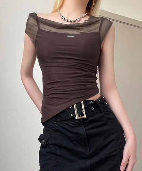 Excelux Women’s Sheer Mesh Slim-Fit Top – Brown Elegant Casual Tee (S–L | AU 6–10)