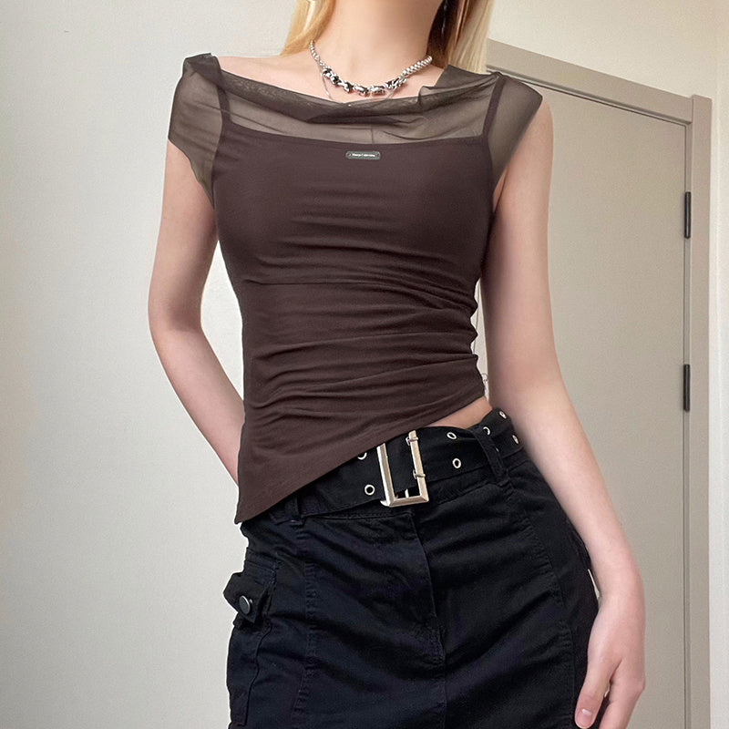 Excelux Women’s Sheer Mesh Slim-Fit Top – Brown Elegant Casual Tee (S–L | AU 6–10)