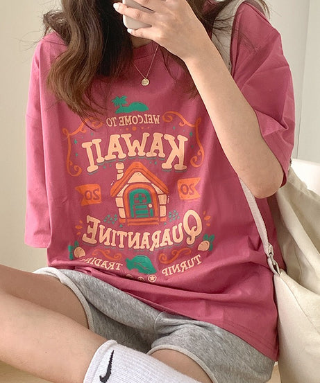 Cotton Contrast Letter Printing Short Sleeve T Shirt Womens Spring/Summer New Bf Style Loose Slim Student Top Fashion