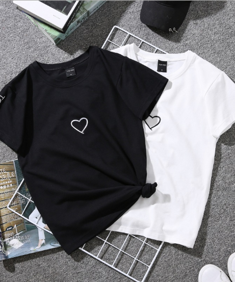 Summer Couples Lovers T-Shirt For Women Casual White Tops Tshirt Women T Shirt Love Heart Embroidery Print T-Shirt Female